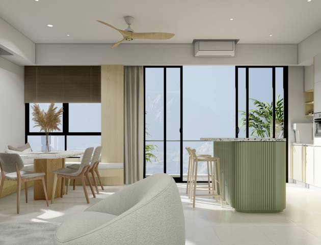 Modern open-plan kitchen and dining area featuring Alumtech custom black-framed aluminium sliding balcony doors.