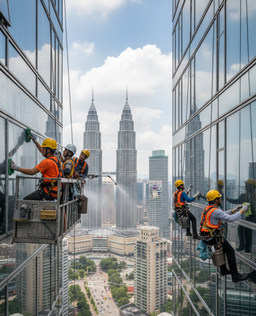 High-rise facade maintenance and glass panel cleaning on a Kuala Lumpur skyscraper near the Petronas Towers.