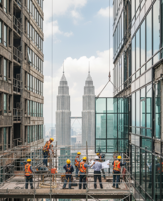 Installation of a glass and aluminium unitized curtain wall panel on a KL skyscraper construction site.