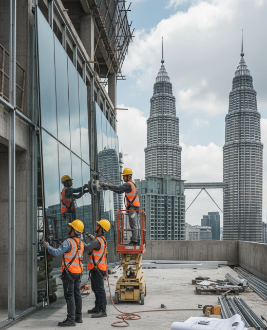 Installation of a glass and aluminium unitized curtain wall system in Kuala Lumpur.