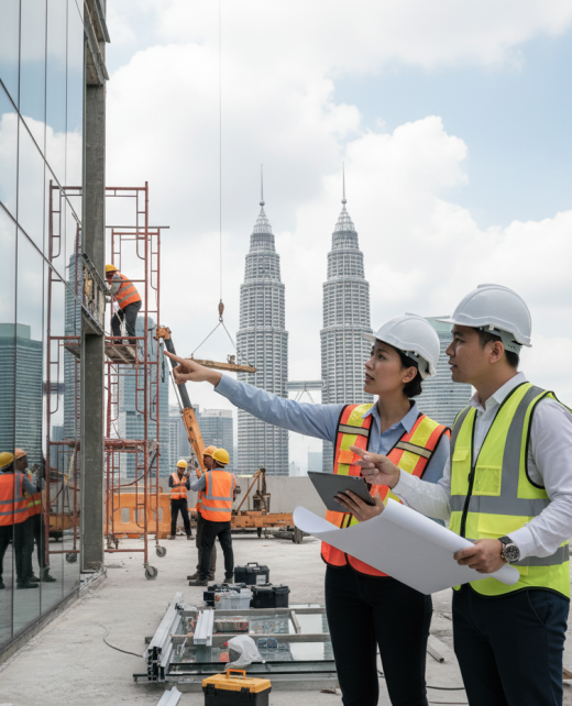 Façade engineering consultants inspect glass curtain wall installation.